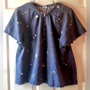 Sonoma Dusty Dark Blue Gold White Minimalist Floral Henley Button Blouse Size XL